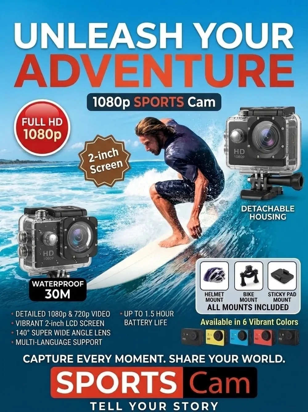 1080p Full HD Sports Action Camera Waterproof 30M 2
